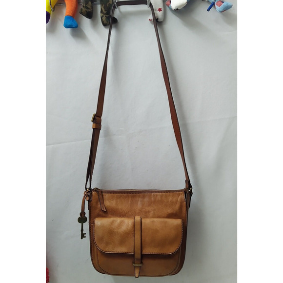Fossil Brown Tan Leather Front Pocket Zipper Closure Crossbody Bag - Picture 5 of 16